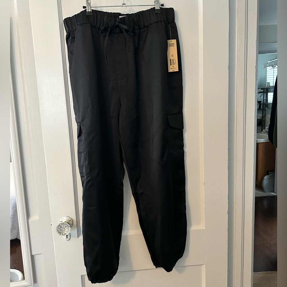 NWT Madden NYC Black shiny satin drawstring cargo pants Size XXL